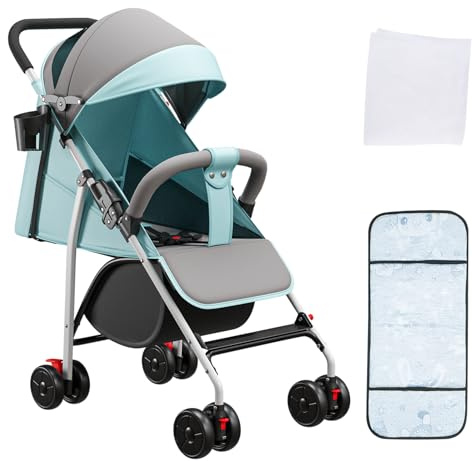 Kinderbuggy, Kinderwagen mit Sonnenschirm, Kinderwagen Zusammenklappbar, Buggy mit Liegefunktion, Kann Sitzen oder Liegen 15kg (Hellblau-B)