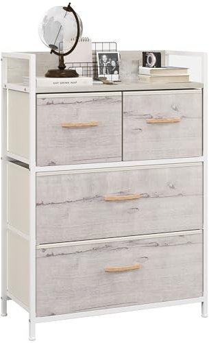 HOMCOM Bedroom Chest of Drawers, Fabric Dresser with 4 Drawers, Storage Organiser Unit with Open Shelf and Metal Frame for Living Room, Entryway, Natural Wood Finish