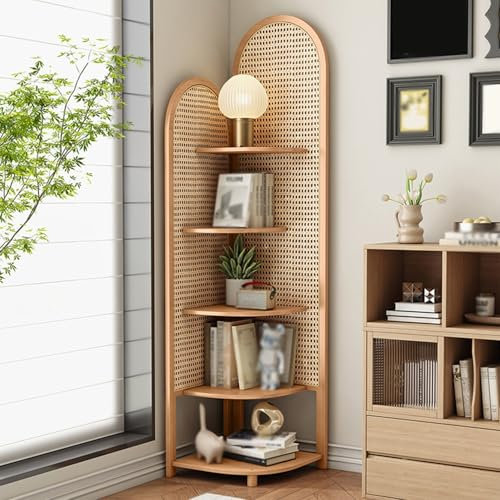 Dexinhdh 5-stöckiges Eckregal Aus Rattan, Mehrstöckiger Eck-Organizer Für Das Wohnzimmer, Bambus Kombiniert Mit Rattan, Großzügige Arbeitsfläche, Passt In Enge Räume(C)