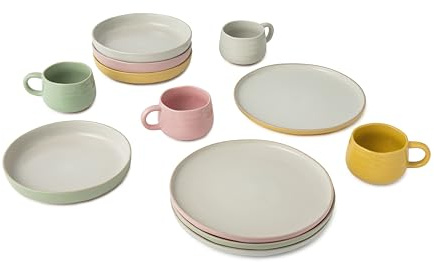 Jamie Oliver Big Love 12pc Dinner Set, Set for 4 People, Stoneware Plates, Bowls and Mugs, Round Pink and White Plates 27 x 6cm, Green and White Bowls 22 x 22cm, Multicolour Mugs 375ml 13 x 10cm