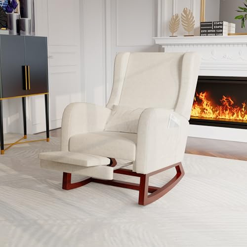 LONELYO Schaukelstuhl mit Fußstütze, Polster, Schaukelsessel Stillstuhl Rocking Chair Beige, matt, gemütlicher Relaxstuhl mit Seitentaschen und Leinenstoff (Beige A)