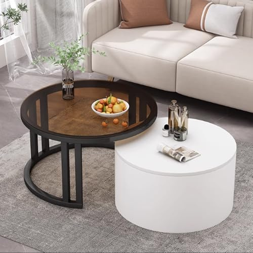 YPDOPORA Ensemble De 2 Tables Basses Gigognes Rondes Contemporaines, Tables Basses Rondes avec Rangement, Base en Acier Et Plateau en Verre, Tables Centrales Circulaires pour Le Salon, Maison,Blanc
