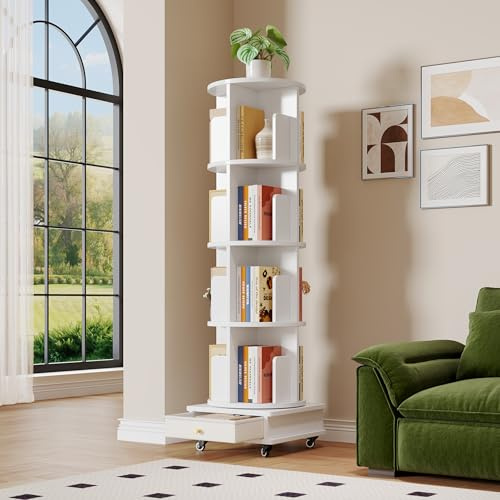 Ztexkee 360° Rotating Bookshelf 4 Tier Rotating Bookshelfs Floor Standing with 1 Drawer Mobile Bookshelf with Wheels for Living Room, Bedroom, Study Office