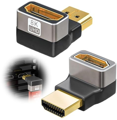 2 Piezas Adaptador HDMI Ángulo, Adaptador HDMI 270 Grados en 8K/60Hz 4K/120Hz, Conector 2.1 Macho a Hembra, Compatible con ARC, eARC, VRR, Dolby Vision, HDR10+, PS5, Xbox Series X, PC, Aluminio