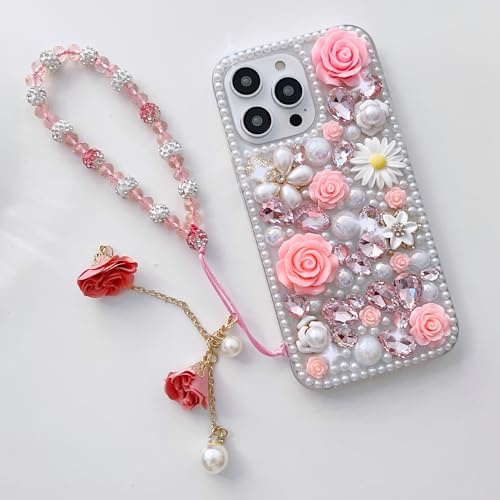 Ymyhyuxi Luxury 3D Floral Phone Case for iPhone Xs Max, Handmade Pearl Crystal Rhinestone Cover with Decorative Roses, Pink Charm Strap