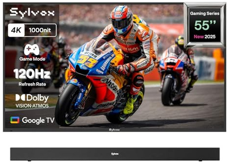 SYLVOX Outdoor TV with Cover & Soundbar, 55 Inch 120Hz 4K Gaming TV - 1000nits Sunlight-Readable, IP55 Waterproof, Dolby Vision & Atmos, HDMI 2.1, USB 3.0, Google Assistant