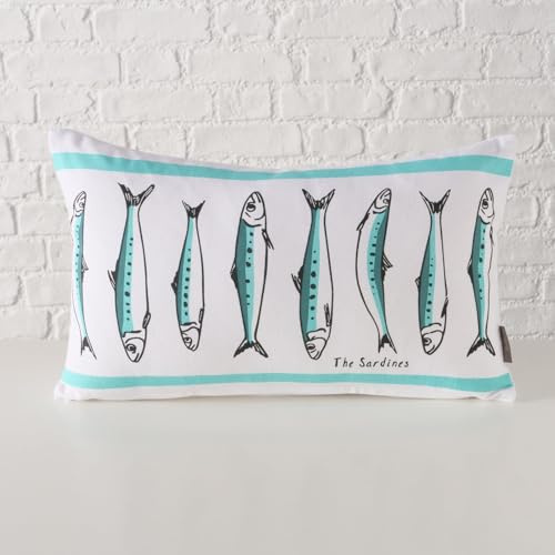 BOLTZE Zierkissen Sardine 50x30 cm Sofa Kissen maritim türkis weiß Baumwolle Bezug abnehmbar mediterrane Küsten Deko mit Füllung