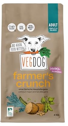 VEGDOG Farmer's Crunch Nourriture sèche hypoallergénique (4 kg) | Pour chiens adultes | Sans gluten ni soja, faible en purine | Aliment complet pour les personnes allergiques aux protéines de pomme de