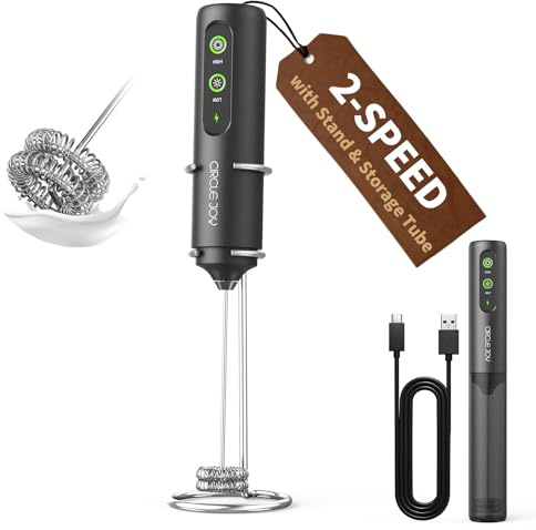 CIRCLE JOY Milk Frother Handheld with Cover & Stand, Rechargeable 2 Speed | Dual Coil Whisk Head Electric Coffee Frother, Portable Hand Frother Wand Drink Mixer for Matcha Lattes Cappuccino