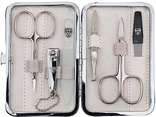 DREI SCHWERTER - Germany 6-tlg. Maniküreset 'Genova' | Nagelpflegeset in weissem Kunstlederetui | Inhalt: Nagelschere, Hautschere, Nagelknipser, Glasnagelfeile, Pinzette, Saphirnagelfeile
