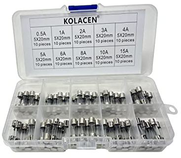 KOLACEN Schnelles fast-blow Glas Tube Sicherung 5 x 20 mm sortiert Kit 0,5 Amp 1 Amp 2 Amp 3 Amp 4 Amp 5 Amp 6 Amp 8 Amp 10 Amp 15 Amp (100 Stück)
