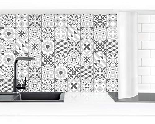 Bilderwelten Küchenrückwand Folie Glänzend 50x350 cm Geometrisch Fliesen Grau Spritzschutz Fliesenspiegel Küche-Rückwand Motiv Klebefolie