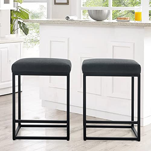 ALPHA HOME Barhocker 2er Set mit Fußstütze Schwarz Barstuhl ohne Lehne Barhocker Pu-Leder Sitzhöhe 61cm Barstühle Rückenfreier Tresenhocker mit dickem Kissen und robustem verchromtem Metallgestell