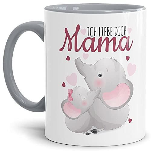 Tasse mit Tiermotiv zwei Elefanten - Mama, ich liebe Dich - Geschenk für die liebste Mama - Keramiktasse, Innen & Henkel Grau, 300 ml