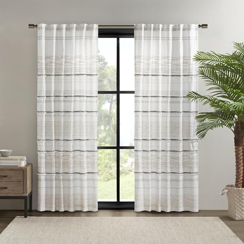 Ink + IVY NEA 100% Baumwolle, Einzelbahn, Streifen, Quasten, Bordüre, Boho-Design, Stangentasche, Vorhang für Wohnzimmer, Privatsphäre, Fensterbehandlung für Schlafzimmer, 127 x 213,4 cm, Cremeweiß /
