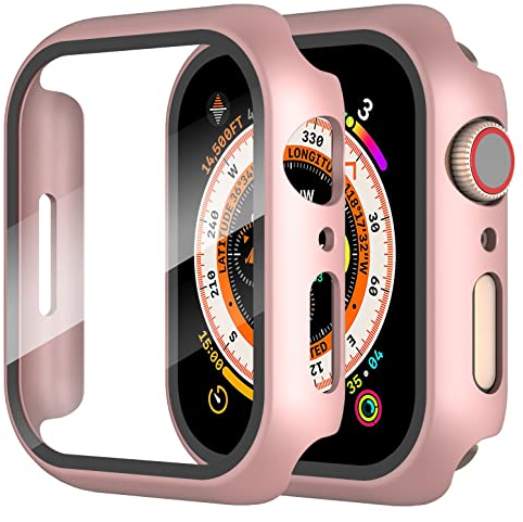 Diruite 2 Pezzi Cover per Apple Watch Series 9/8/7 41mm Vetro Temperato Pellicola Protettiva,PC Rigido Case Protettiva Ultrasottil Custodia,Oro Rosa,41mm