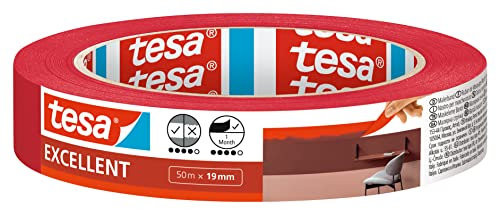 tesa Excellent Ruban de Masquage pour Peinture avec Support en Papier Fin - Pour Toutes les Peintures, Vernis et Laques - Pour Usage Intérieur - 50 m x 19 mm Rouge