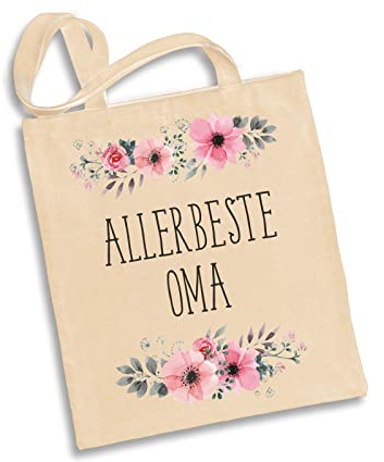 Tassenbrennerei Baumwolltasche blumig mit Spruch Allerbeste Oma - Einkaufstasche, Jutebeutel als Geschenk für Großmutter (Natur)
