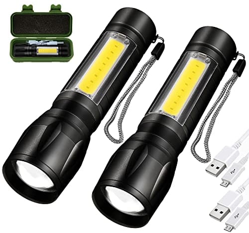 EvaStary LED Torch Rechargeable, Small LED Torch Adjustable Focus with 3 Lighting Modes, Portable Waterproof Rechargeable Flashlight for Camping, Hiking, Outdoor, Emergency, 2 Packs