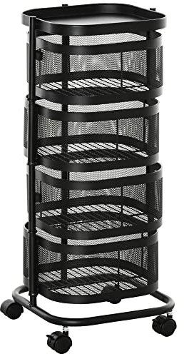 HOMCOM Carrello Portavivande con 4 Cestelli in Rete, Piano d'Appoggio e Ruote Girevoli, in Acciaio e Plastica PP, 33x33x77cm, Nero