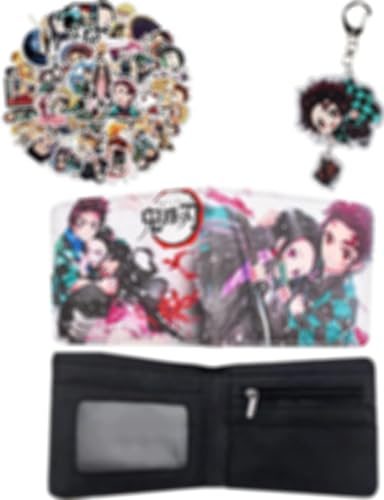 Forhome Anime Accessoires, Porte Monnaie Enfant, Portefeuille en Cuir Enfants, Anime Bourse, Lot de 50 Autocollants Anime, Porte-clés Anime, pour Enfants et Adolescents Noël Cadeau
