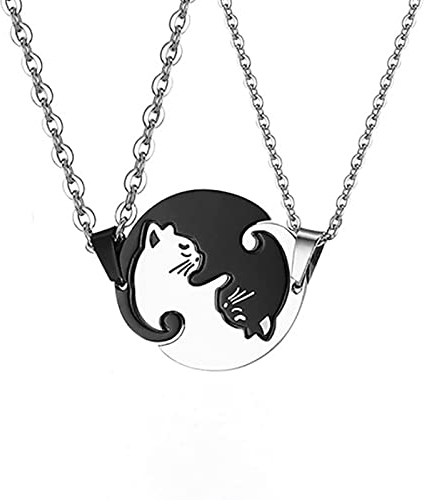 Oneroomone Paar Kette Pärchen, mit Katze Schwarz Weiß Anhänger Freundschaftskette, Halskette mit Puzzle Anhänger, für Herren Damen
