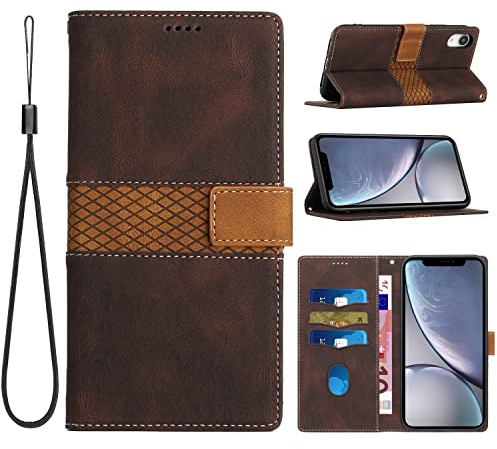 Yiscase Brieftasche Hülle für iPhone XR, Grid Lederhülle mit Wrist Kartenslots Magnetverschluss Handyhülle Ständer Funktion Wallet Case Flip Cover Schutzhülle Klapphülle -