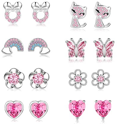 EXGOX 8Paare Hypoallergen Ohrstecker Silber925 Damen Mädchen Tiny Ohrstecker Silber AAAAA Zirkonia SterlingSilber Ohrringe Set Schmetterling Silber Ohrringe Mädchen