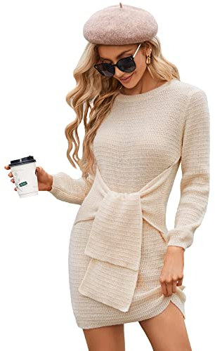 Ever-Pretty Robes Pull Casual Femme Hiver Manches Longues Sirène Col Rond avec Ceinture Beige S