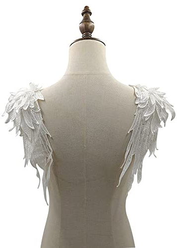 Duories 1 Paar 3D Stickerei Spitze Bestickte Flügel Applikation DIY Kleidung Zubehör Mehrfarbig Spitzenmotive Patches Polyester Nähen Handwerk Zubehör,Ideal für Hochzeit Braut Ballkleid,31x11cm,Weiß