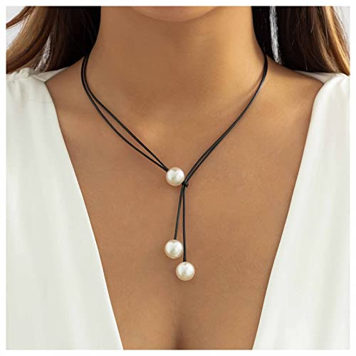 Dervivea Vintage Leder Y-Form Halskette, Schwarze Kordel Perle Lariat, Lange Wildleder Kette, Gothic Kordel Seil, Schmuck für Frauen und Mädchen
