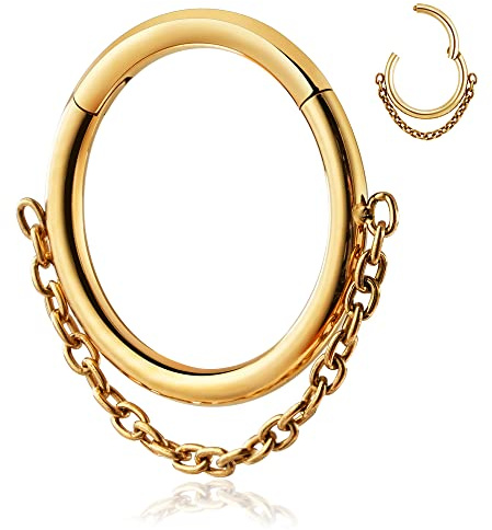 FINE4U ASTM F136 Titan-Piercing, Schmuck, Kette, Nasenring, Gold, 16G, 8 mm, 10 mm, 11 mm, 12 mm, für Knorpel, Helix, Conch, Daith, Rook, Körperimplantat, hypoallergen, Scharnier-Klicker