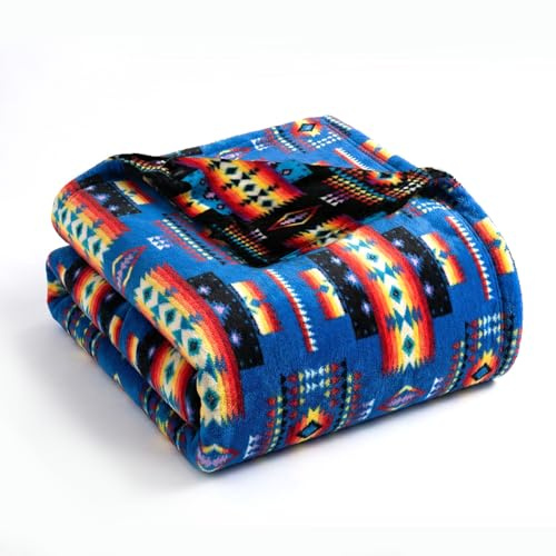Sacred Thread Azteken-Decke, Fleece, wendbar, Indianer-Decke, Wester-Überwurf, Indianer-Überwurf, Indianer-Wester, Blau (Flanell), Queen (200,7 x 241,3 cm)