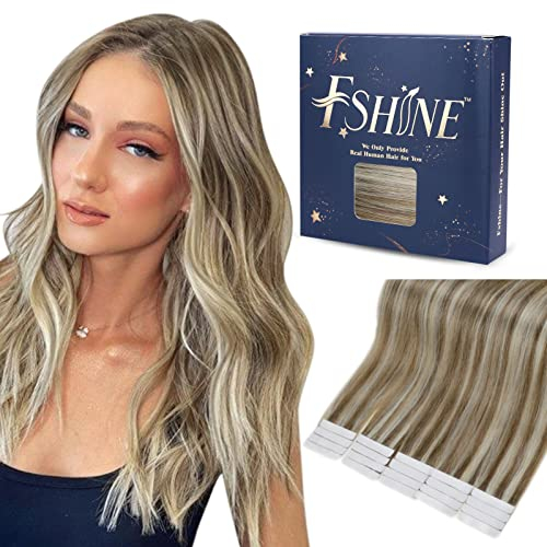 Fshine Tape in Extensions Echthaar Aschbraun Highligh Platinblond 30cm Haarverlängerungen Echthaar Extensions Tape 30g 20 Stücke Farbe 8P60