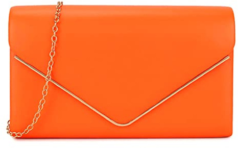 LeahWard Faux Leather Clutch Bag With Chain Strap (NEON ORANGE)