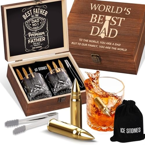 Whiskey Stones & Glasses Gift Set for Dad from Daughter Son Wife, 2 Whiskey Glasses and 6 Chilling Stone Gifts for Men Daddy Grandad Step Dad, Whisky Gifts for Fathers Day