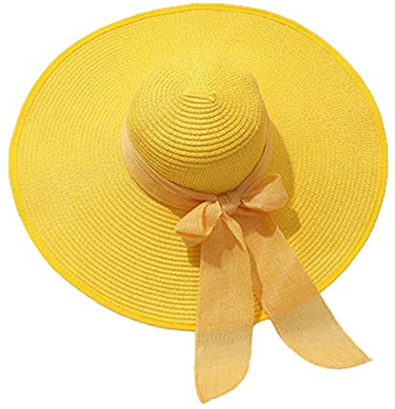 Women Solid Sun Straw Hat Pre Tied Knot Round Wide Brim Hat Roll Up Lounce Vintage Sunshade Hat Panama Hat Beach Travel Outdoor Lightweight Fashion Yellow One Size