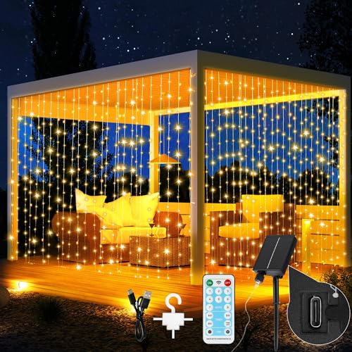 RJEDL Rideau Lumineux Solaire, 3x3m 300 LED guirlande lumineuse solaire avec 2 méthodes de chargement 2 types de contrôle 8 modes Timer extérieur/intérieur Guirlande lumineuse pour Noël
