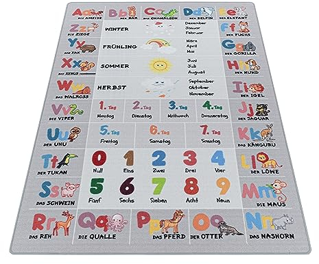 Teppich Läufer Kinderzimmer Grau 80x120 Alphabet Buchstaben Zahlen Tiere aus Polyamid Stilvoll Günstig