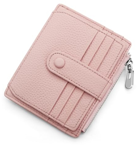 REETEE Porte Carte de Crédit Cuir Véritable Homme Femme RFID Blocage Portefeuille Cuir Petit Porte Carte Slim avec Poche à Monnaie, Porte Feuille avec 14 Emplacements et Petit Porte Monnaie (Rose)