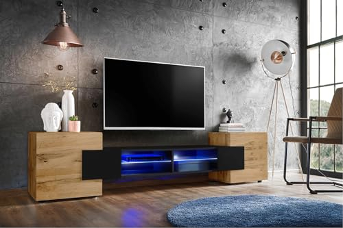 Komodee, Merano Bank TV Schrank, Wotan Schwarz Wotan, LED Blau, Breite 230 cm x Höhe 52,5 cm x Tiefe 35 cm, für Wohnzimmer, Schlafzimmer
