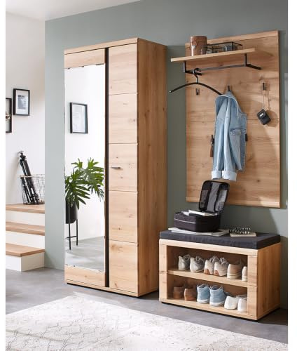 Lomadox Garderoben-Set mit Schuhbank und Garderobenschrank in braun | Flurgarderobe aus Esche massiv im Modernen Stil