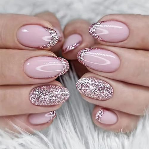 24 Valley Mist French Tip False Nails - Short Oval Glitter Pink Press-on, Removable Glue-on Full Cover Fake Nails For Women & Girls Nail Art Accessories