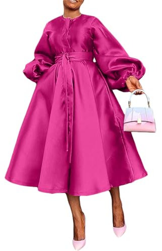 YOOTIKO Formelles Abendkleid für Damen, Satinkleid, langärmelig, Babydoll, Knopf, Gürtel, A-Linie, Ballkleid, Rose, Klein
