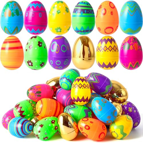 JOYIN 32 Stück 8 cm Ostereier zum Befüllen, bedruckte bunte Plastikeier zum Befüllen, inklusive 8 goldene Eier, leere, für Ostereiersuche, Korbfüller, Kleinkindgeschenk, Partyzubehör