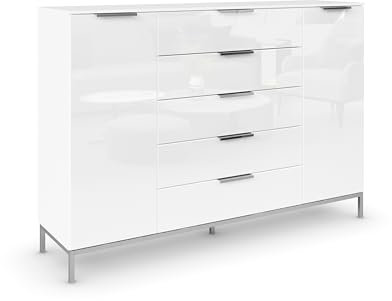 Rauch Möbel Flipp, Kommode mit Stauraum für Wohnzimmer, Schlafzimmer, 4 Fachböden, mit Metallkufe chrom,Alpinweiß/Glasfront Weiß, 2-türig,Glastüren,5 Schubkästen,Griffe chrom, 160x111x42cm