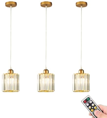 3 Pack Battery Operated Pendant Light with Remote, Rechargeable No Wiring Ceiling Hanging Lamp,Modern Crystal Glass Wireless Pendant Lighting Fixture Gold for Kitchen Island Dining Room Bedroom