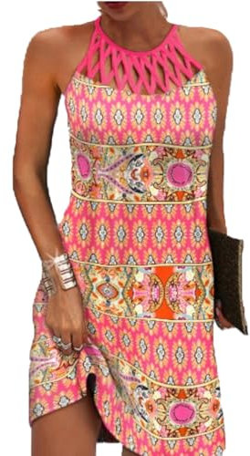 GRMLRPT Robe Femme d'Été sans Manches Boho Mi-Longues Style Ethnique Élégant Imprimé Mesh Rétro Neckholder Loisirs Robes de Plage(Rose,L)