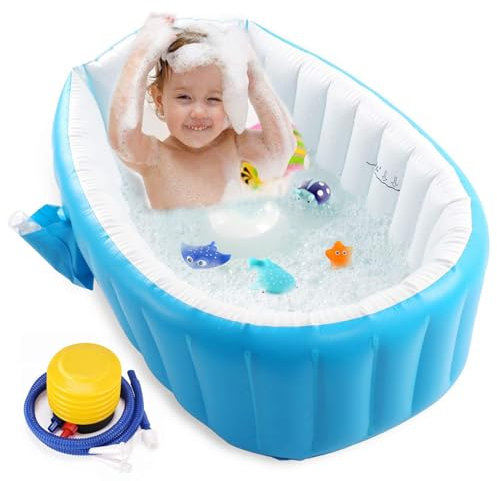 Baignoire gonflable portable pour bébé – Antidérapante, pliable avec pompe à air – Bain de voyage essentiel pour nouveau-nés (bleu)
