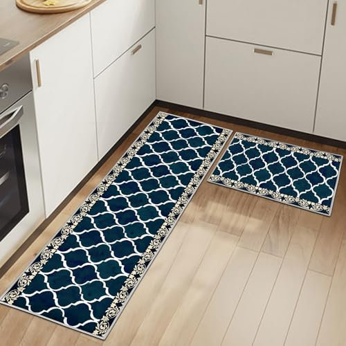 HSGLGNA Küchenteppiche 2 Stück, Rutschfestes Küchenmatten,6mm Dick rutschfest Wasserdicht Pflegeleicht, Anti-Müdigkeit Küchenteppich Teppich Läufer für Küche (Style-F, 43x75+43x150cm)